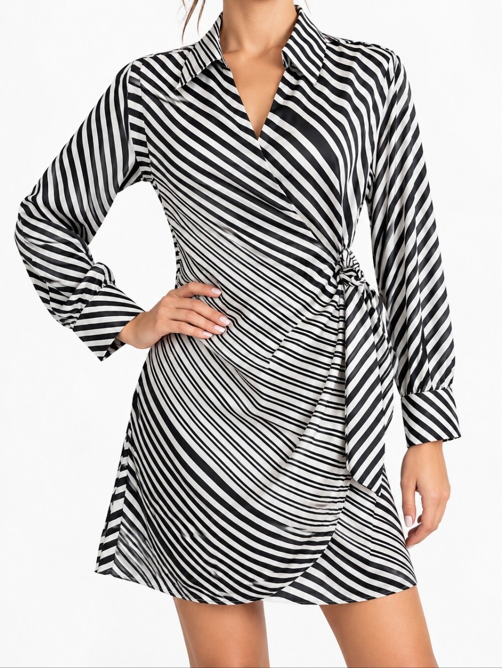 MNG Mango Women’s Wrap Dress Black White Striped Tie Waist Collared Size 8 NWT